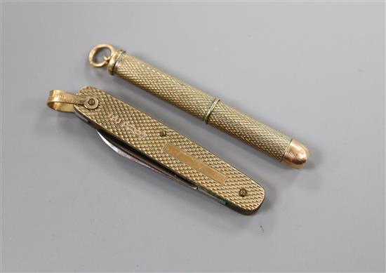 A 9ct gold cased penknife and an Asprey & Co 9ct gold cased propelling toothpick.